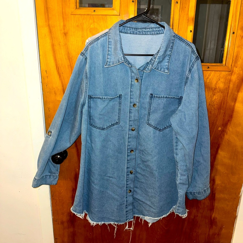 SHEIN-Plus Size Denim Button Up Shirt Distressed